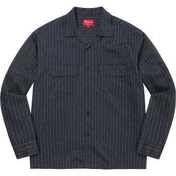 Supreme Pinstripe Linen Skjorta Marinblå | SE219NB